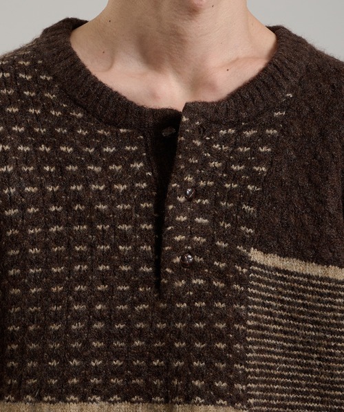 セール】パッチワークテクスチャーくるみボタンヘンリーニット（ニット