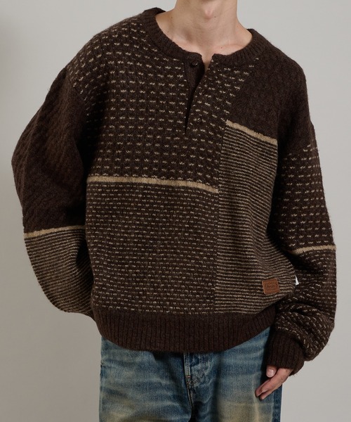 セール】パッチワークテクスチャーくるみボタンヘンリーニット（ニット