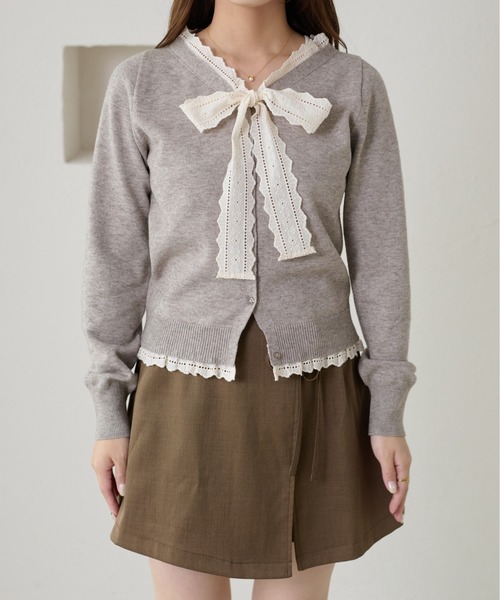 スーパービューティー♡完売！新作前立てレースフリルニットカーディガン ボレロ apres jour clair】レースリボンカーディガン（カーディガン/ボレロ