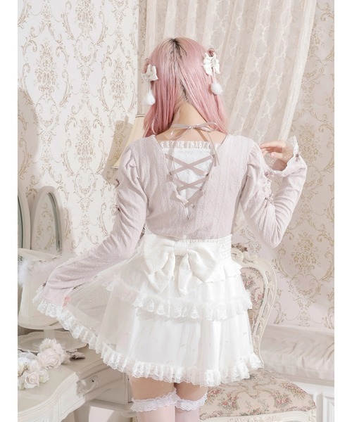 お嬢さんバックレースアップフレアスリーブカットソー（Tシャツ