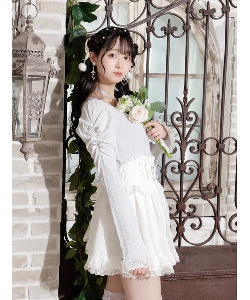 お嬢さんバックレースアップフレアスリーブカットソー（Tシャツ