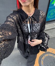 襟付きレースリボンカーディガン