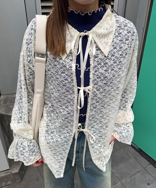 CIAOPANIC（チャオパニック）の「襟付きレースリボンカーディガン（シャツ/ブラウス・レディース・アイボリー/ブラック/ホワイト・ONE SIZE）」の19枚目の写真