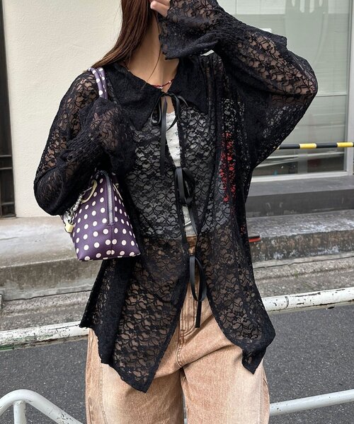 CIAOPANIC（チャオパニック）の「襟付きレースリボンカーディガン（シャツ/ブラウス・レディース・アイボリー/ブラック/ホワイト・ONE SIZE）」の14枚目の写真