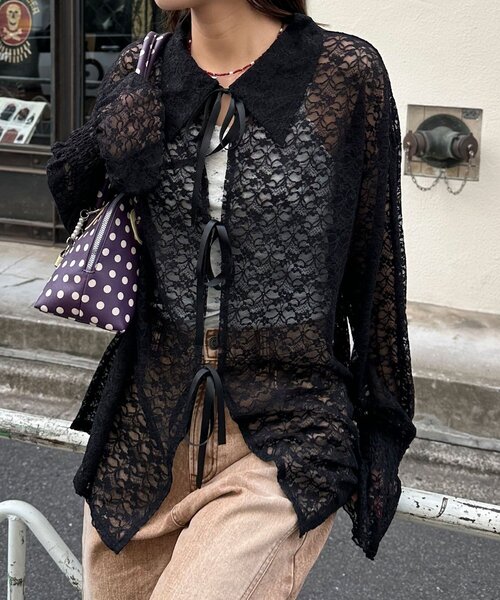 CIAOPANIC（チャオパニック）の「襟付きレースリボンカーディガン（シャツ/ブラウス・レディース・アイボリー/ブラック/ホワイト・ONE SIZE）」の16枚目の写真