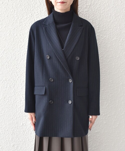 PLAGE 濃紺ストライプ ダブルブレストジャケットコート　サイズ38 SHIPS Colors:〈手洗い可能〉ダブル ブレスト ジャコット (ジャケット