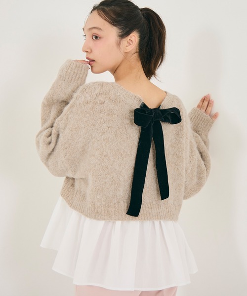 coca(coca)(コカ)の「バックリボン異素材ドッキングニットトップス(ニット/セーター・レディース・ライトベージュ/ライトグレー・L/M)」の2枚目の写真