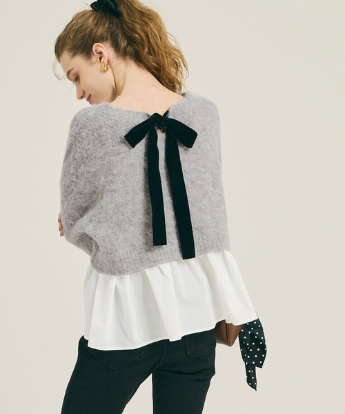 coca(coca)(コカ)の「バックリボン異素材ドッキングニットトップス(ニット/セーター・レディース・ライトベージュ/ライトグレー・L/M)」の6枚目の写真