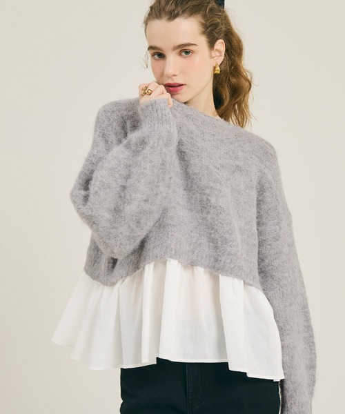 coca(coca)(コカ)の「バックリボン異素材ドッキングニットトップス(ニット/セーター・レディース・ライトベージュ/ライトグレー・L/M)」の7枚目の写真