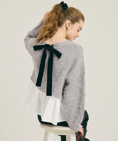 coca(coca)(コカ)の「バックリボン異素材ドッキングニットトップス(ニット/セーター・レディース・ライトベージュ/ライトグレー・L/M)」の9枚目の写真