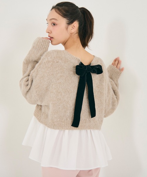 coca(coca)(コカ)の「バックリボン異素材ドッキングニットトップス(ニット/セーター・レディース・ライトベージュ/ライトグレー・L/M)」の12枚目の写真