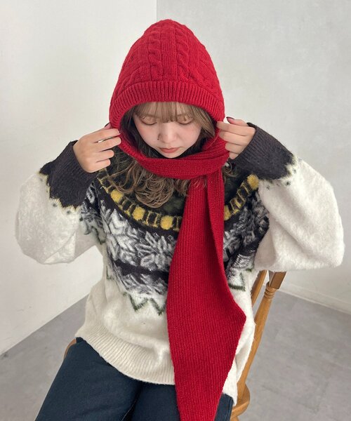 赤いフード付きニットマフラー 楽天市場】マフラー ニット フード付き 赤ストール 大判 レディース