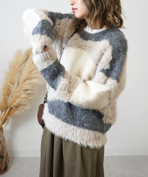 gossara（ゴサラ）の「異素材mix柄ニットPO（ニット/セーター・レディース・グレイッシュベージュ/チャコール/ベージュ・FREE）」の2枚目の写真