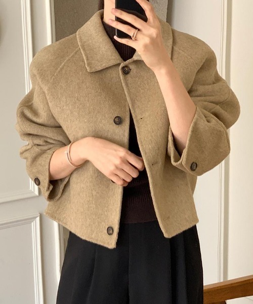 Nîmes メルトンショートコート　キャメル　丸襟　ラウンドカラー セール】ショートメルトン襟付きショートコート（チェスターコート