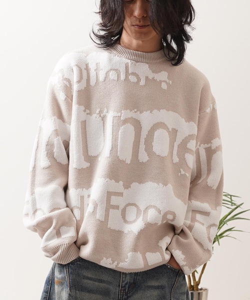 1111clothing(ワンフォークロージング)の「ロゴ ジャガード クルーニット / Logo Jacquard Crew Neck Knit(ニット/セーター・メンズ・ベージュ/ブラック・M/L)」の2枚目の写真