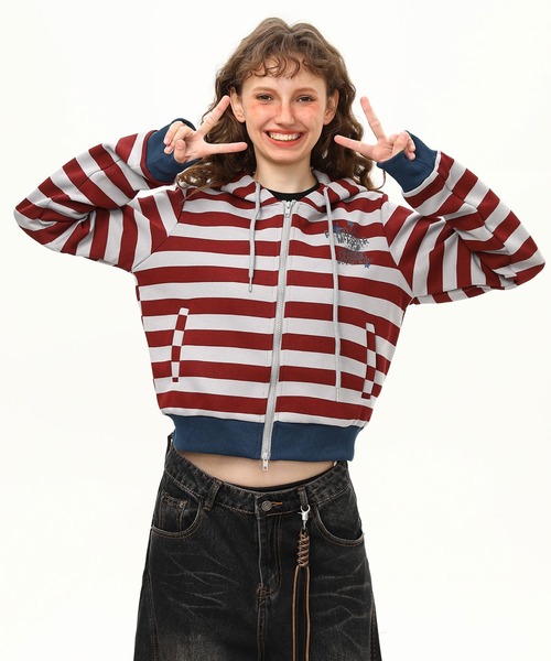 mushwear（マッシュウェア）の「ボーダー ジップアップ ショートパーカー（パーカー・メンズ・レッド/ブラック・LARGE/MEDIUM/SMALL）」の3枚目の写真