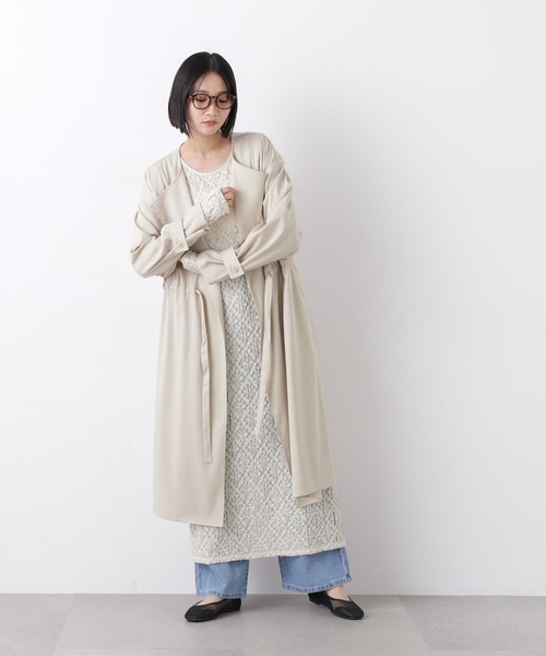 NANO universe(ナノユニバース)の「撥水&花粉ガード ドロストノーカラーコート(ノーカラーコート・レディース・ブルーグレー/グレー系その他4/ダークネイビー・FREE)」の6枚目の写真