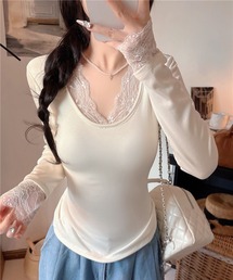 【EIZZ/アイズ】繊細レース デコルテ開き スリムフィット 長袖 Tシャツ