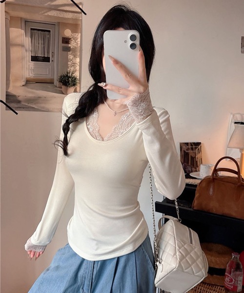 VIBGYOR(ヴィブジョー)の「【EIZZ/アイズ】繊細レース デコルテ開き スリムフィット 長袖 Tシャツ(Tシャツ/カットソー・レディース・オフホワイト/ブラック/ブラウン/グレー・FREE)」の9枚目の写真