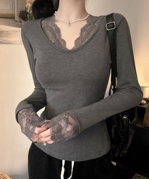 VIBGYOR(ヴィブジョー)の「【EIZZ/アイズ】繊細レース デコルテ開き スリムフィット 長袖 Tシャツ(Tシャツ/カットソー・レディース・オフホワイト/ブラック/ブラウン/グレー・FREE)」の14枚目の写真