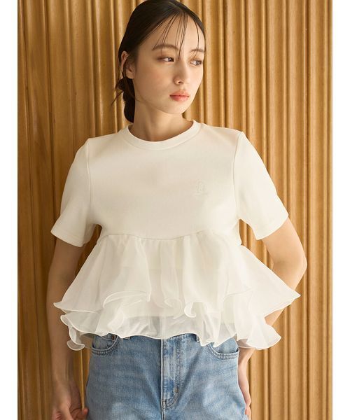 SNIDEL（スナイデル）の「【WEB限定カラーあり】ボリュームペプラムドッキングカットプルオーバー（Tシャツ/カットソー・レディース・ドット/ホワイト/ピンク/ブラック・F）」の2枚目の写真