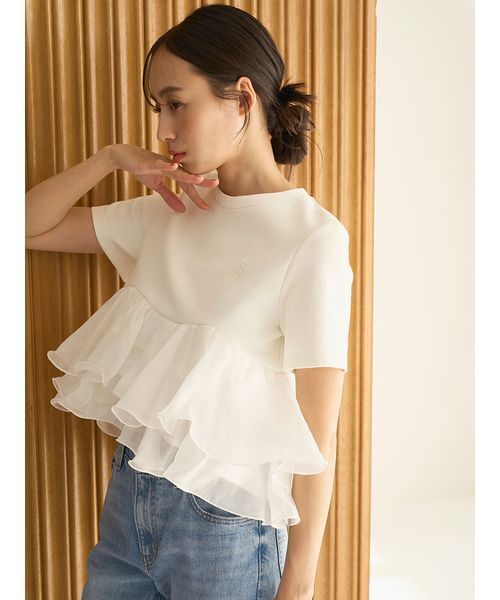 SNIDEL（スナイデル）の「【WEB限定カラーあり】ボリュームペプラムドッキングカットプルオーバー（Tシャツ/カットソー・レディース・ドット/ホワイト/ピンク/ブラック・F）」の7枚目の写真