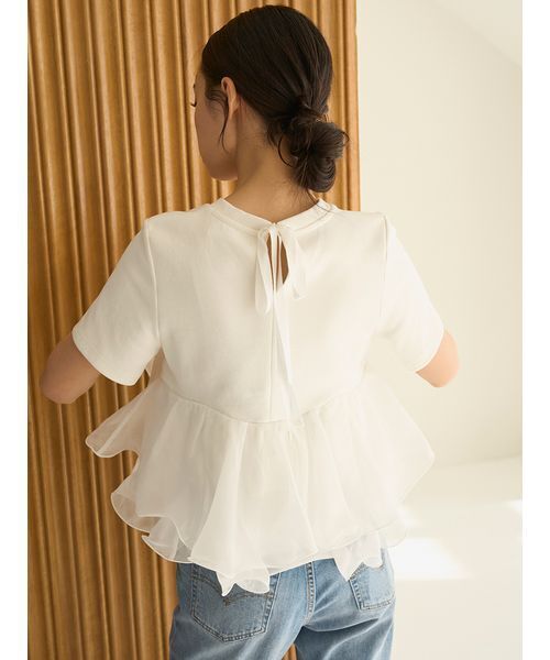 SNIDEL（スナイデル）の「【WEB限定カラーあり】ボリュームペプラムドッキングカットプルオーバー（Tシャツ/カットソー・レディース・ドット/ホワイト/ピンク/ブラック・F）」の8枚目の写真