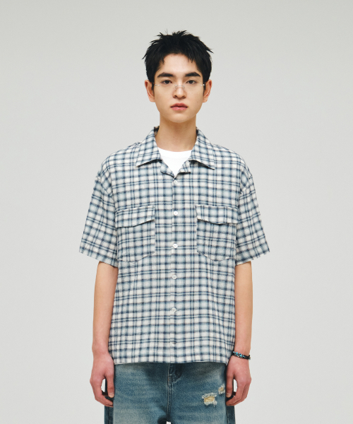 ECORR(エコル)の「オープンカラー チェック 半袖シャツ_ブルー(シャツ/ブラウス・レディース・その他・1(M)/2(L)/3(XL))」の2枚目の写真
