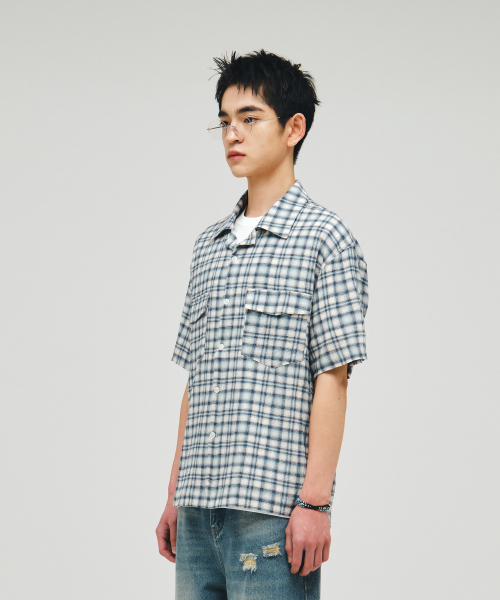 ECORR(エコル)の「オープンカラー チェック 半袖シャツ_ブルー(シャツ/ブラウス・レディース・その他・1(M)/2(L)/3(XL))」の3枚目の写真