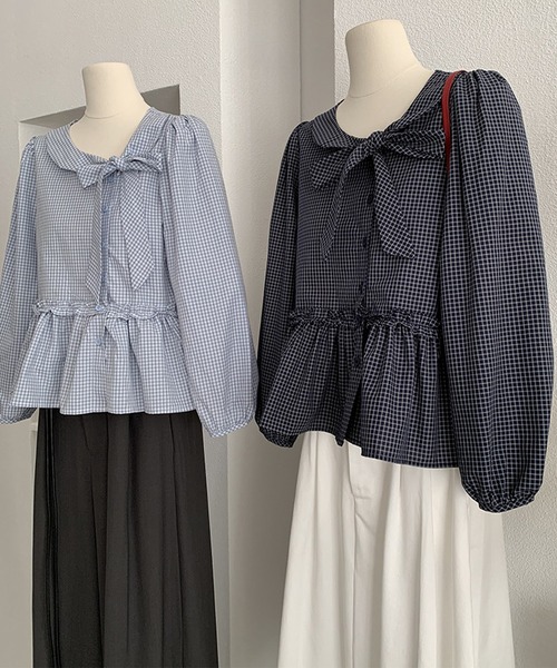 Lace Ladies(レースレディース)の「ギンガムチェック柄 アシンメトリー ボウタイ ペプラム ブラウス(シャツ/ブラウス・レディース・ネイビー/ブルー・M/XL)」の7枚目の写真