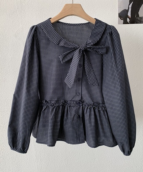 Lace Ladies(レースレディース)の「ギンガムチェック柄 アシンメトリー ボウタイ ペプラム ブラウス(シャツ/ブラウス・レディース・ネイビー/ブルー・M/XL)」の9枚目の写真