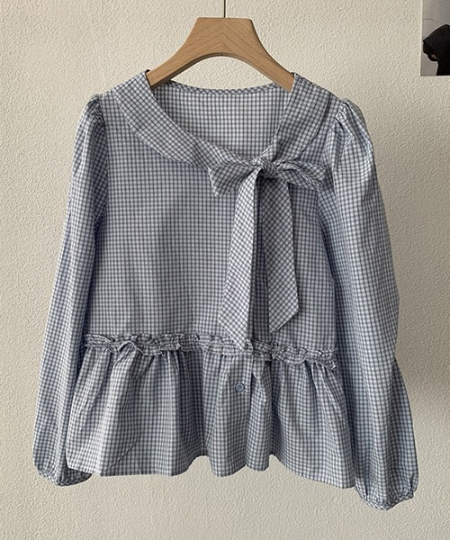 Lace Ladies(レースレディース)の「ギンガムチェック柄 アシンメトリー ボウタイ ペプラム ブラウス(シャツ/ブラウス・レディース・ネイビー/ブルー・M/XL)」の8枚目の写真