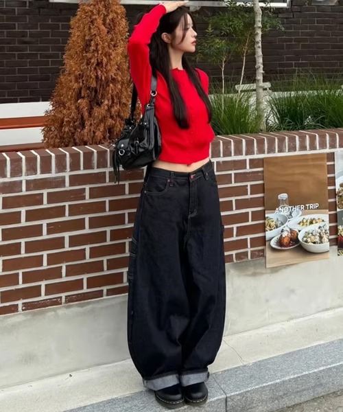 LAFFMO(ラフモ)の「ハートポケットワイドレッグカーゴパンツ(デニムパンツ・レディース・ブラック/ホワイト・F)」の11枚目の写真