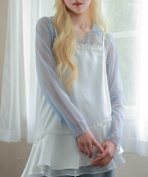 LiLIN(リリン)の「ソリッドカラー シアー 長袖 襟付き プルオーバー(Tシャツ/カットソー・レディース・ブルー/パープル/イエロー・FREE)」の17枚目の写真