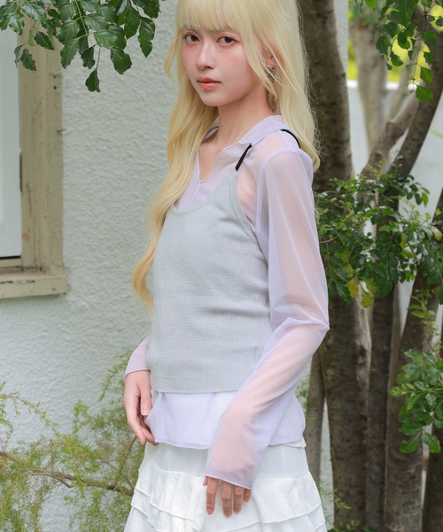 LiLIN(リリン)の「ソリッドカラー シアー 長袖 襟付き プルオーバー(Tシャツ/カットソー・レディース・ブルー/パープル/イエロー・FREE)」の19枚目の写真