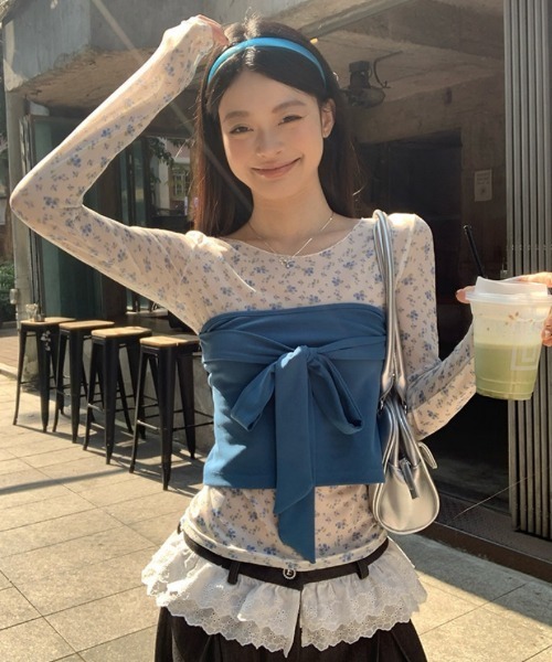 セール】フラワーシアートップス×リボンビスチェ 2点セット（Tシャツ