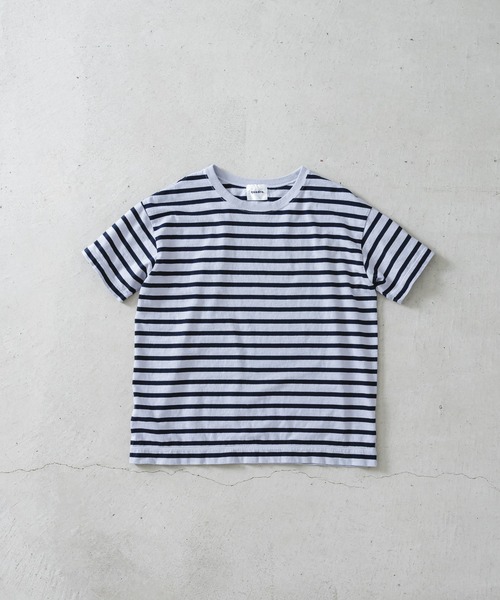 quadro(クオドロ)の「ドライ天竺ボーダー半袖クルーネックプルオーバー(Tシャツ/カットソー・レディース・グレー/キナリ/ネイビー・FREE)」の4枚目の写真