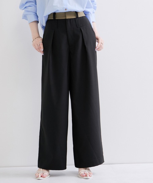 le cercle ADAM ET ROPE'(ルセルクルアダムエロペ)の「リネンライク配色ワイドパンツ(スラックス・レディース・ブラック/カーキ・FREE)」の1枚目の写真