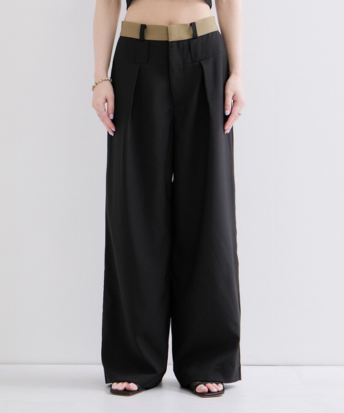 le cercle ADAM ET ROPE'(ルセルクルアダムエロペ)の「リネンライク配色ワイドパンツ(スラックス・レディース・ブラック/カーキ・FREE)」の8枚目の写真