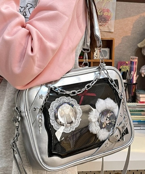 gossip!ロサンゼルス(ゴシップロサンゼルス)の「【Y2Kガーリー】レトロチェーン&星ハート付き ギャル痛バッグ ショルダー・トート大容量3WAYバッグ(ショルダーバッグ・レディース・ラベンダー/ピンク/シルバー・FREE)」の3枚目の写真