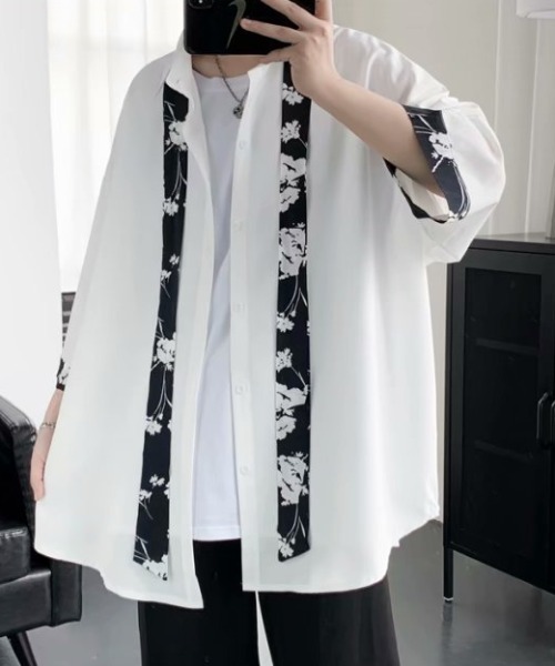 SHIBUYA Zy.(シブヤジー)の「Mono contrast tie ルーズシルエット七分袖切替シャツ(シャツ/ブラウス・メンズ・ホワイト/ブラック・L/M/XL)」の1枚目の写真