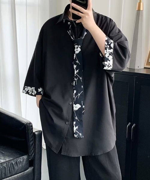 SHIBUYA Zy.(シブヤジー)の「Mono contrast tie ルーズシルエット七分袖切替シャツ(シャツ/ブラウス・メンズ・ホワイト/ブラック・L/M/XL)」の2枚目の写真