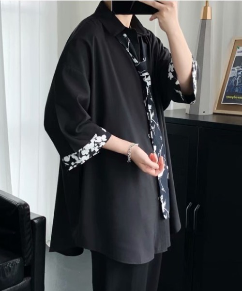 SHIBUYA Zy.(シブヤジー)の「Mono contrast tie ルーズシルエット七分袖切替シャツ(シャツ/ブラウス・メンズ・ホワイト/ブラック・L/M/XL)」の6枚目の写真