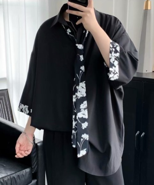 SHIBUYA Zy.(シブヤジー)の「Mono contrast tie ルーズシルエット七分袖切替シャツ(シャツ/ブラウス・メンズ・ホワイト/ブラック・L/M/XL)」の8枚目の写真