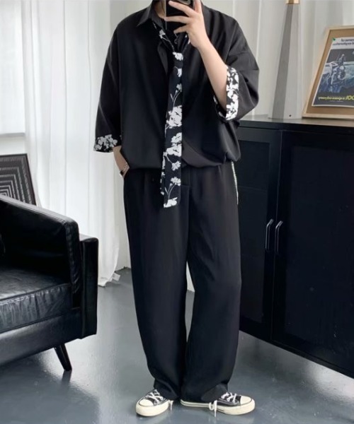SHIBUYA Zy.(シブヤジー)の「Mono contrast tie ルーズシルエット七分袖切替シャツ(シャツ/ブラウス・メンズ・ホワイト/ブラック・L/M/XL)」の9枚目の写真