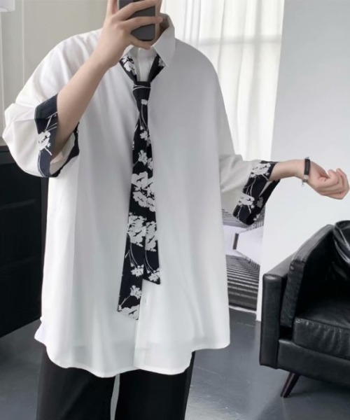 SHIBUYA Zy.(シブヤジー)の「Mono contrast tie ルーズシルエット七分袖切替シャツ(シャツ/ブラウス・メンズ・ホワイト/ブラック・L/M/XL)」の4枚目の写真