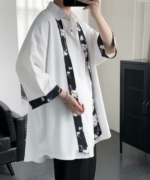 SHIBUYA Zy.(シブヤジー)の「Mono contrast tie ルーズシルエット七分袖切替シャツ(シャツ/ブラウス・メンズ・ホワイト/ブラック・L/M/XL)」の3枚目の写真