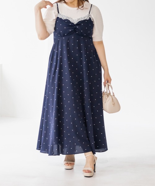 CLETTE(クレット)の「レース使いドットキャミワンピース(ワンピース・レディース・ブラック/オフホワイト/ネイビー・3L/LL/4L)」の1枚目の写真