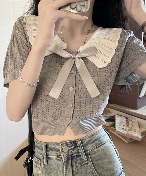 GLAMOROUS JANE(グラマラスジェーン)の「配色ビックカラーリボン付き半袖ニットトップス(ニット/セーター・レディース・グレー/ブラック/アイボリー・FREE)」の3枚目の写真