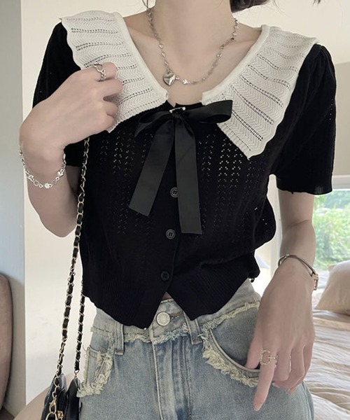 GLAMOROUS JANE(グラマラスジェーン)の「配色ビックカラーリボン付き半袖ニットトップス(ニット/セーター・レディース・グレー/ブラック/アイボリー・FREE)」の1枚目の写真